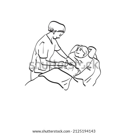 Midsection of female doctor applying gel on belly of pregnant woman for ultrasound in clinic illustration vector hand drawn isolated on white background line art.