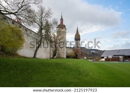 Luzern Musegg Wall (Museggmauer) with Watchtower or Heu Tower (Wachtturm) and Luegisland Tower (Luegislandturm) - Lucerne, Switzerland Royalty-Free Stock Photo #2125197923