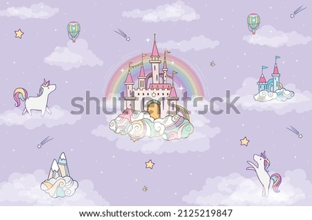 kids nursery wallpaper with cute unicorn,  kawaii castle, babies wall, pony for kids, graphic illustration using for print on the wall, pillow, banner, greeting cards, design room