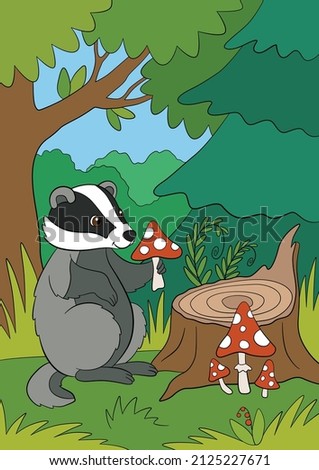 Cartoon wild animals. Little cute badger sits, smiles and holds an amanita in the hands.