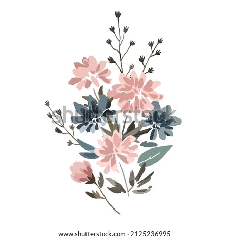 Decorative composition with cute delicate pastel flowers in watercolor style isolated on white background.