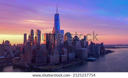 Manhattan and the Freedom Tower during sunrise. 