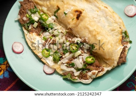 Quesadilla with beef barbacoa and sauce. Traditional mexican food