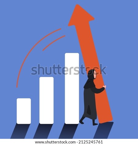 Business flat drawing Arabian businesswoman pushing bar chart. Business person holding bar chart from being fall over metaphor of survive, grow. Business crisis management. Cartoon vector illustration