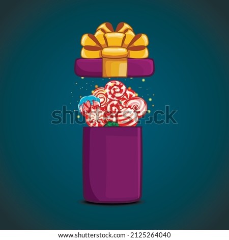 Open gift box with vector cartoon lollipop. Cute holiday illustration
