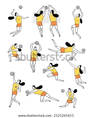 line art woman playing volleyball in various action