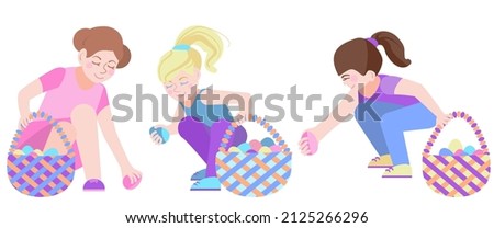Set of Easter characters. Cute little girls collect Easter eggs in the basket. Blonde, brunette looking for festive eggs. Vector illustration in a flat cartoon style is isolated on a white background.