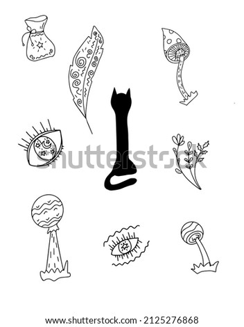 Set of magic symbols, doodle style, sketch. Esoteric and astrological hand drawn elements: feather, cat, potion, mushrooms and all-seeing eye.