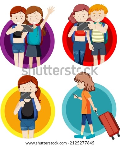 Set of people with phone and backpack illustration