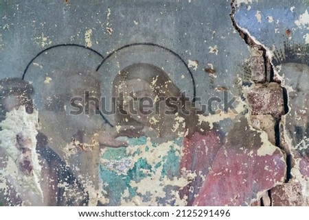 Frescoes inside an abandoned Orthodox church, Novografskoye village Church, Kostroma region, Russia, built in 1830