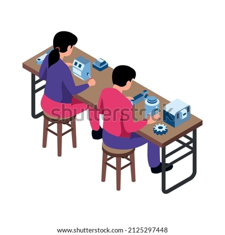 Isometric robotics kids education composition with characters of teenage boy and girl assembling robot parts vector illustration