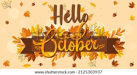 Hello October logo with ornamental autumn leaf illustration