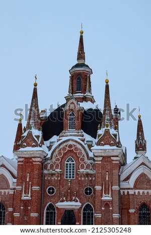 Snow on the roofs of the Church of the Icon of the Mother of God Sign. The village of Veshalovka. Lipetsk region. Russia. January 2022