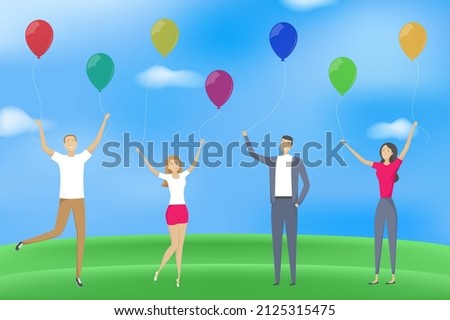 People hold helium balloons. Vector illustration.