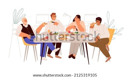 Colleagues having meal, business lunch at dining table in office. People eating pizza together at break. Employees coworkers relaxing, talking. Flat vector illustration isolated on white background Royalty-Free Stock Photo #2125319105
