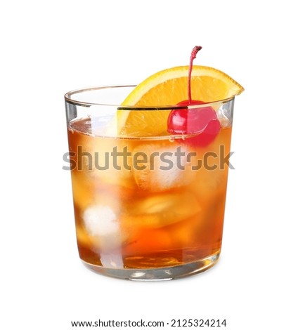 Glass of delicious Old Fashioned Cocktail on white background Royalty-Free Stock Photo #2125324214