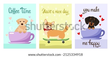 A set of cards with funny dogs. Cartoon design.
