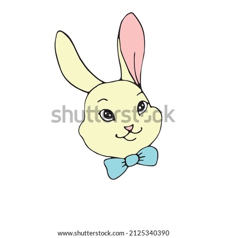 Head, muzzle of cute rabbit, hare, bunny. Vector colorful hand drawn illustration, clipart, children's design element, Easter