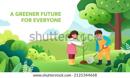 Arbor day banner. Illustration of two kids planting a small tree in nature for the environment