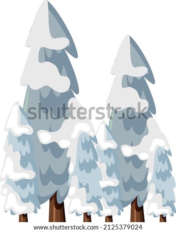 Snow covered pine trees in cartoon style illustration