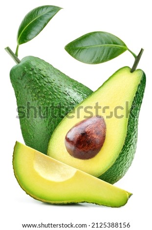 Fresh avocado isolated on white background. Avocado with leaves. Clipping path avocado. Avocado macro studio photo