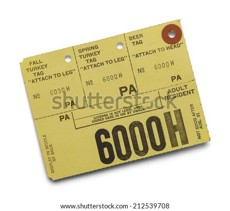 Large Yellow Hunting License Tag Isolated on White Background.