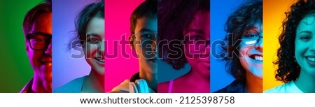 Multiethnic friends. Cropped portraits of people on multicolored background in neon light. Collage made of half of faces of male and female models. Concept of emotions, media, sales, advertising. Royalty-Free Stock Photo #2125398758