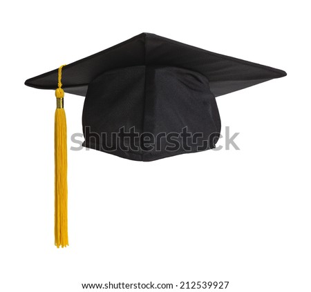 Black Graduation Hat with Gold Tassel Isolated on White Background. Royalty-Free Stock Photo #212539927