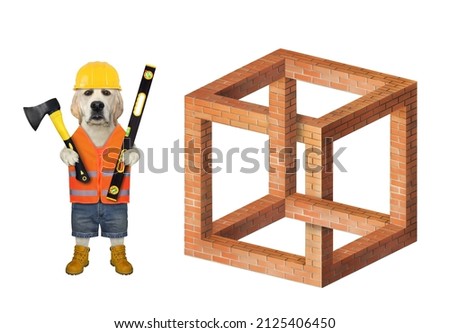 A dog labrador bricklayer in a helmet with an axe and a building level is near an impossible brick cube. White background. Isolated.