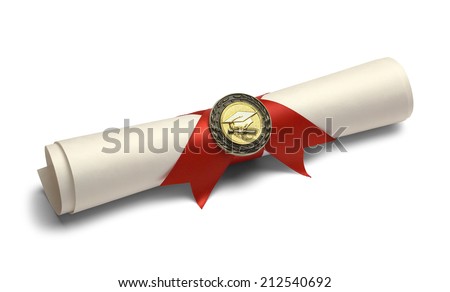 Degree Scroll with Red Ribbon and Diploma Medal Isolated on White Background. Royalty-Free Stock Photo #212540692