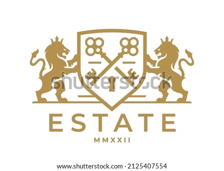 Luxury Lion key real estate logo. Elegant heraldic shield crest icon. Premium coat of arms symbol. Vintage royal heraldry brand identity emblem. Vector illustration. Royalty-Free Stock Photo #2125407554