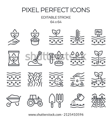 Soil and gardening related editable stroke outline icons set isolated on white background flat vector illustration. Pixel perfect. 64 x 64. Royalty-Free Stock Photo #2125410596