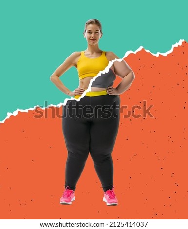 Comparison and contrast. Creative artcollage with young slim girl and plus-size woman wearing sport uniform isolated on green orange background. Concept of healthy lifestyle, fitness, sport, nutrition Royalty-Free Stock Photo #2125414037