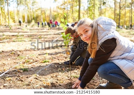 Group of children in a school class planting trees in the forest for reforestation and nature conservation Royalty-Free Stock Photo #2125415180