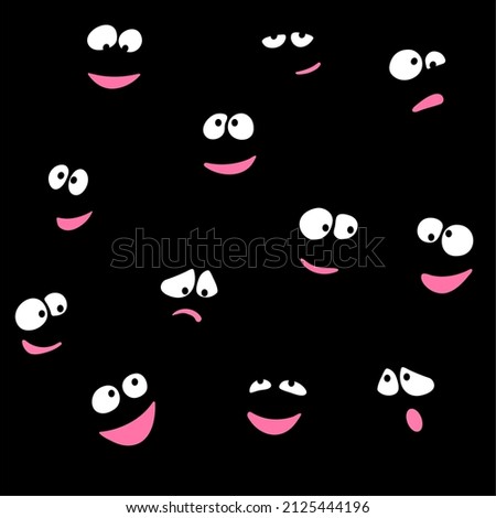 Funny eyes with emotions like crazy on a black background with a pink mouth smile in doodle style