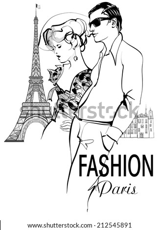 Fashionable couple strolling and shopping in Paris - vector illustration