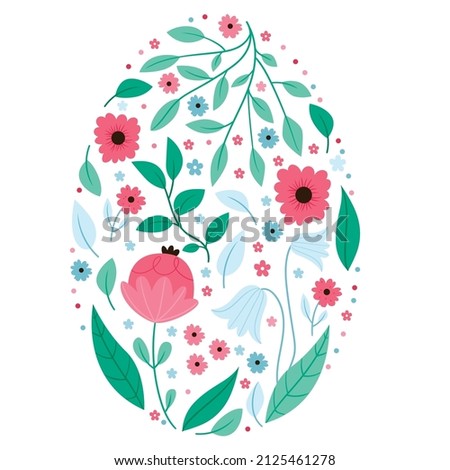 Floral pattern inside easter egg.Spring flowers pastel colors.Postcard.Hand drawn flat illustration.