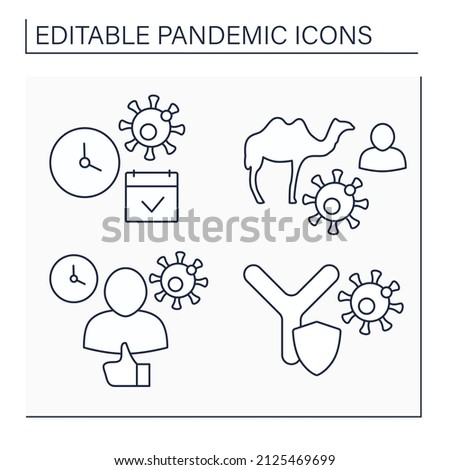 Pandemic line icons set. Asymptomatic, antibodies, incubator, middle east respiratory syndrome.Disease concept. Isolated vector illustrations. Editable stroke Royalty-Free Stock Photo #2125469699