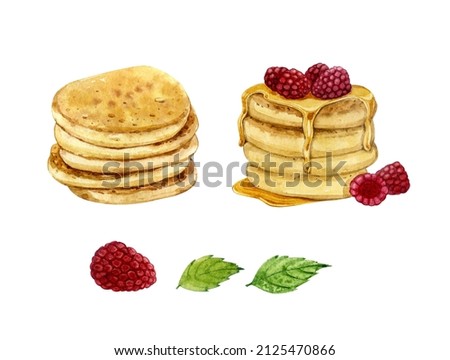 Watercolor clip art. Two types of pancakes. Without topping and with honey and raspberries . Pancake Day.