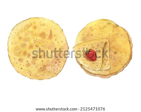 Watercolor clip art. Round thin pancakes. Crepe with strawberries. Pancake Day.