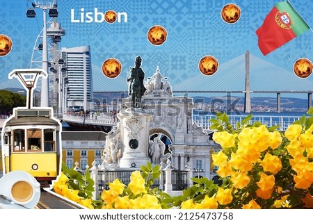 Collage with views and symbols of the city of Lisbon. Creative style, summer season.