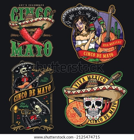 Colorful vintage set with mariachi band playing musical instruments, woman with painted face shaking maracas, crossed red hot peppers and sugar skull in sombrero, vector illustration