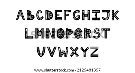 Black and white Scandinavian ornate alphabet with florals and lines. Folk font with English letters. Latin alphabet in Scandinavian style.