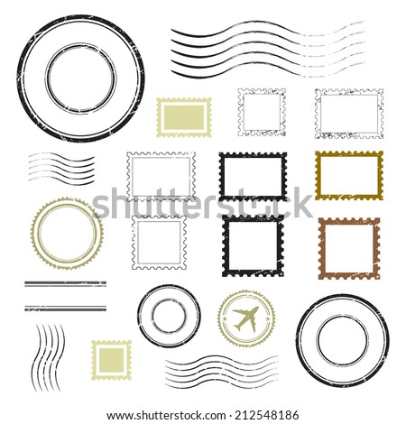 Set of postal stamps and postmarks, isolated on white background, vector illustration. Royalty-Free Stock Photo #212548186