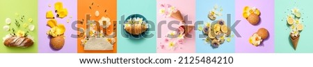 Collage with food and narcissus flowers on color background Royalty-Free Stock Photo #2125484210