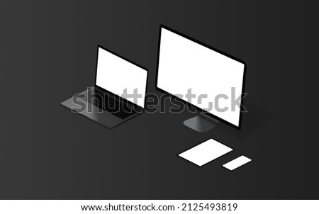 Black, low light computer display, laptop, tablet and smart phone mockup isometric position. Isolated screen in white for web page or app design promotion Royalty-Free Stock Photo #2125493819