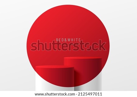 Realistic white and red 3D cylinder stand or podium set with red circle dot background. Minimal scene for products showcase, Stage promotion display. Vector abstract studio room platform design.