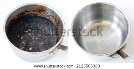 Compare burnt pan before and after cleaning the unclean able stained pot from burnt cookin. The dirty stainless steel pan with the clean pan clean shiny bright like new. Royalty-Free Stock Photo #2125505360