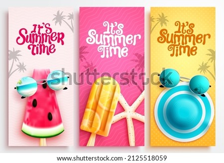 Summer time vector poster set. It's summer time text collection with watermelon popsicle and hat elements for tropical holiday vacation. Vector illustration.
 Royalty-Free Stock Photo #2125518059