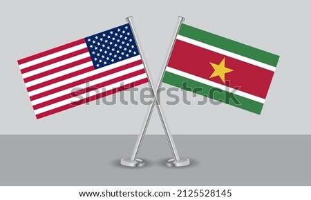 Crossed flags of United State of America (USA) and Suriname. Official colors. Correct proportion. Banner design